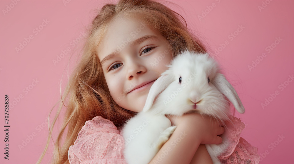 happy little girl holding cute furry rabbits isolated on studio background happy little girl holding cute furry rabbits isolated on studio background