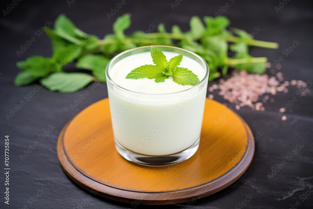glass of kefir with mint leaves on a slate coaster glass of kefir with mint leaves on a slate coaster