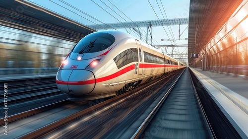 Modern high speed train on a clear day with motion blur. Generative AI.