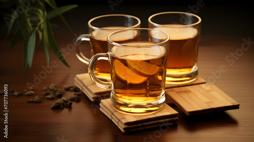 A cup of tea with fresh lemon slices and leaves. This image can be used to depict a refreshing beverage or for concepts related to health  relaxation  