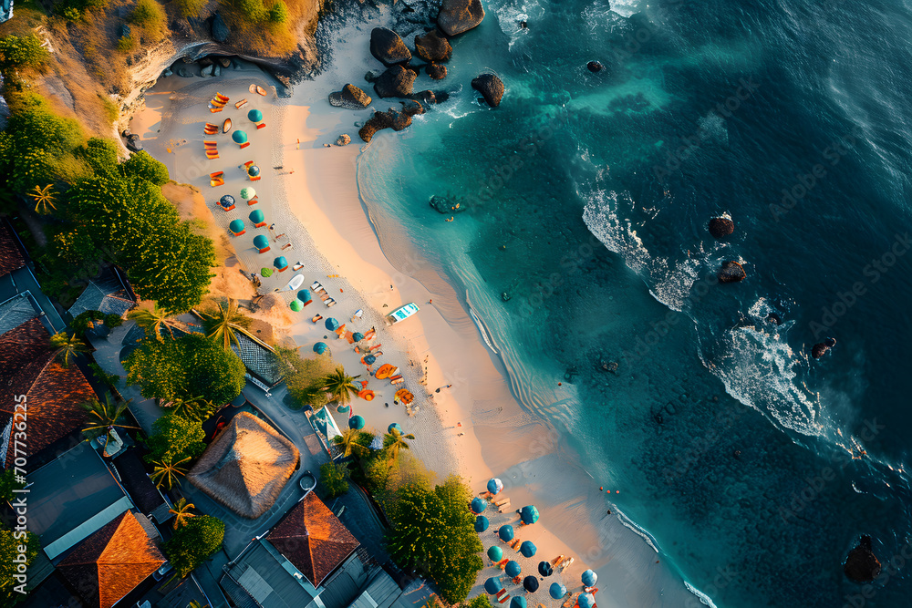 Aerial view of beautiful tropical beach and sea with coconut palm tree at sunset time