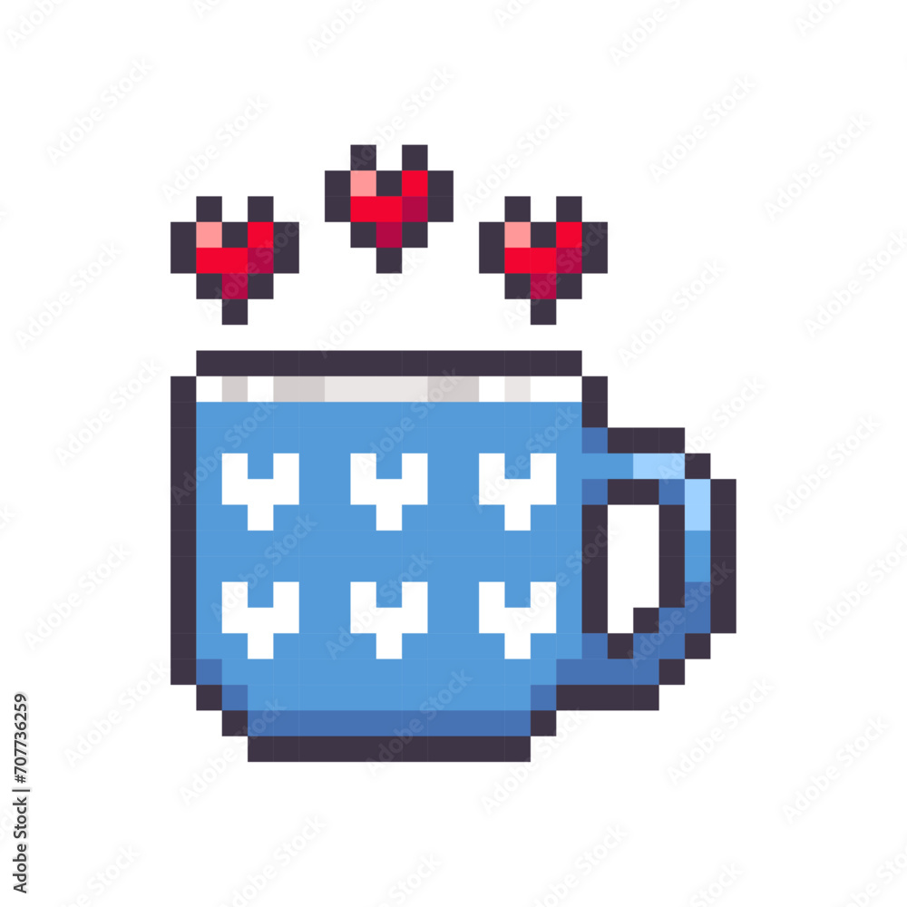Blue mug with hearts isolated on white background. Tea cup pixel icon. Romantic symbol. Vector illustration of Valentine's Day elements in 16 bit old style. Blue mug with hearts isolated on white background. Tea cup pixel icon. Romantic symbol. Vector illustration of Valentine's Day elements in 16 bit old style.