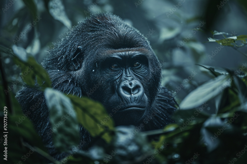 close up Gorilla in Misty Forest Depth Intelligent Primate Gaze