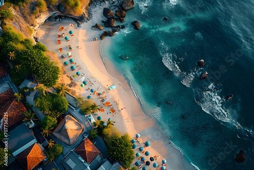 Aerial view of beautiful tropical beach and sea with coconut palm tree at sunset time