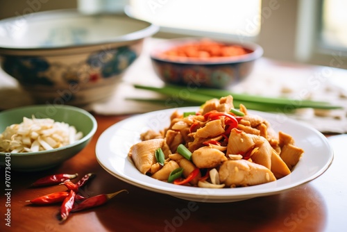 sliced ginger root beside a dish of kung pao chicken
