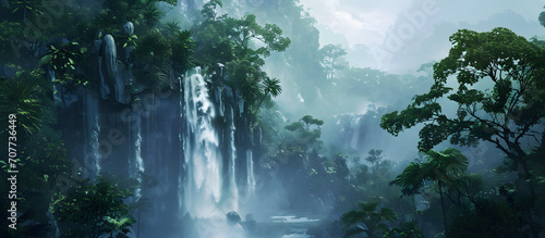 Panoramic view of the beautiful waterfall in the tropical forest