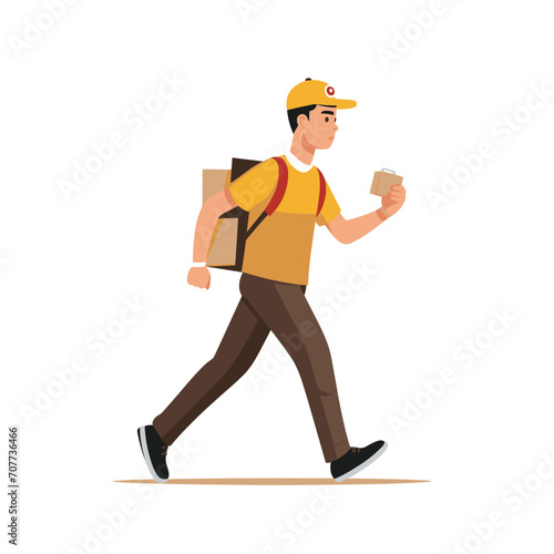 A delivery man walks briskly while checking a message on his phone in this vector illustration.