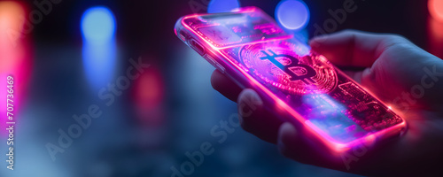 Crypto currency concept - crypto wallet on the phone screen, neon color photo