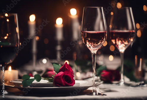 Tavola Imbandita con Calici di Vino e Rosa per una Cena Romantica di San Valentino photo