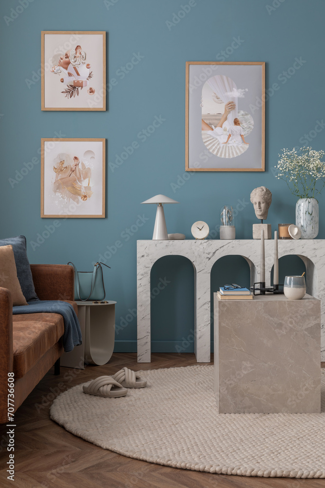 Φωτογραφία Interior design of elegant composition living room interior with mock up poster frame, stylish console, blue wall, vase with dried flowers, brown sofa and personal accessories