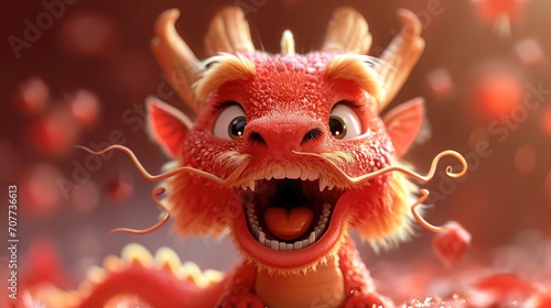 A cute red dragon, The dragon with the open mouth, Exaggerated expression, Pure Chinese red background. Cartoon 3d. Generative AI.