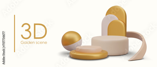 Horizontal mockup with golden stage. Template for displaying and selling expensive goods