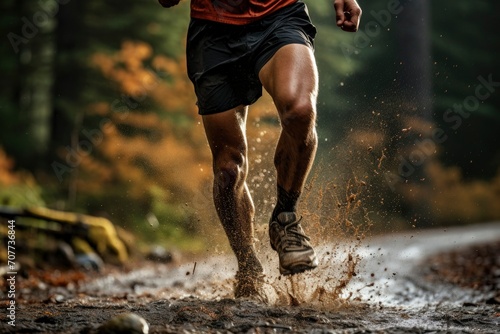 Person running in the forest. Runners who run in the forest have a lot of mud splashing on their shoes. Trail running