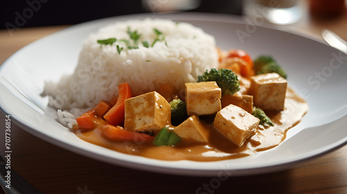 Tofu with rice, carrots and peppers in peanut sauce