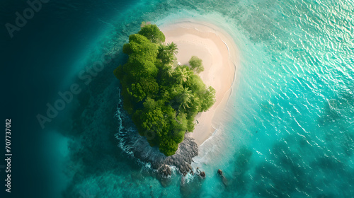 Aerial view of tropical island with sandy beach and palm trees photo