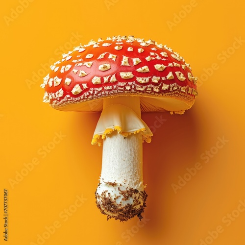 Top view, A mushroom isolated on yellow background. Generative AI.