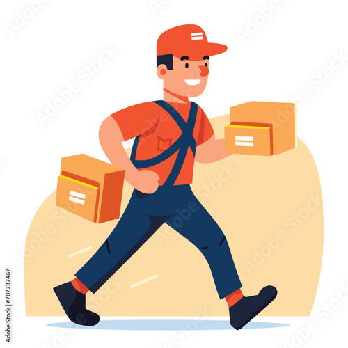 A smiling delivery man carrying parcels is walking briskly in a vector illustration