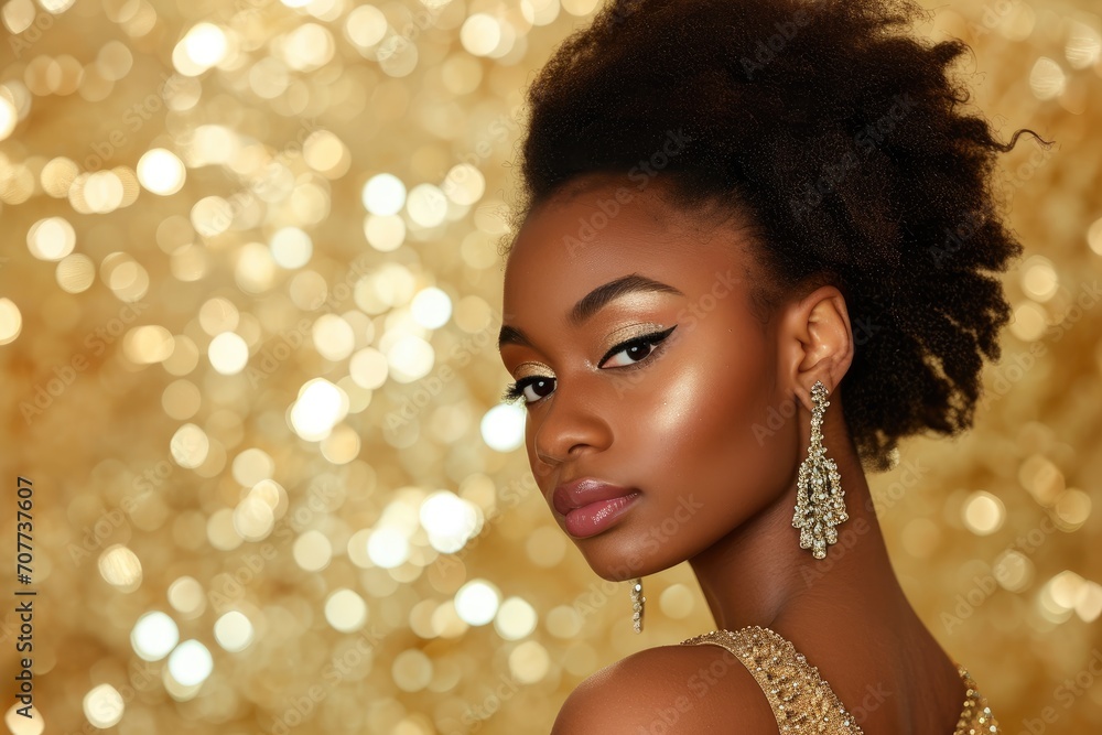 Young American female model in elegant evening wear, radiating glamour and luxury, against a shimmering gold background.