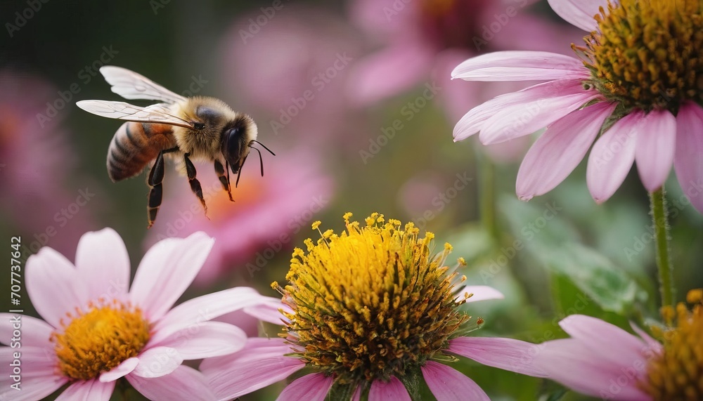 a bee that approaches a flower to pollinate an echinacea. the lively and natural mood of the photograph, demonstrating the interaction between flora and fauna. a bee that approaches a flower to pollinate an echinacea. the lively and natural mood of the photograph, demonstrating the interaction between flora and fauna.