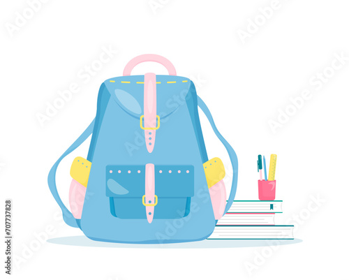 School backpack with books and stationery. Flat style illustration. Theme of education, school, students
