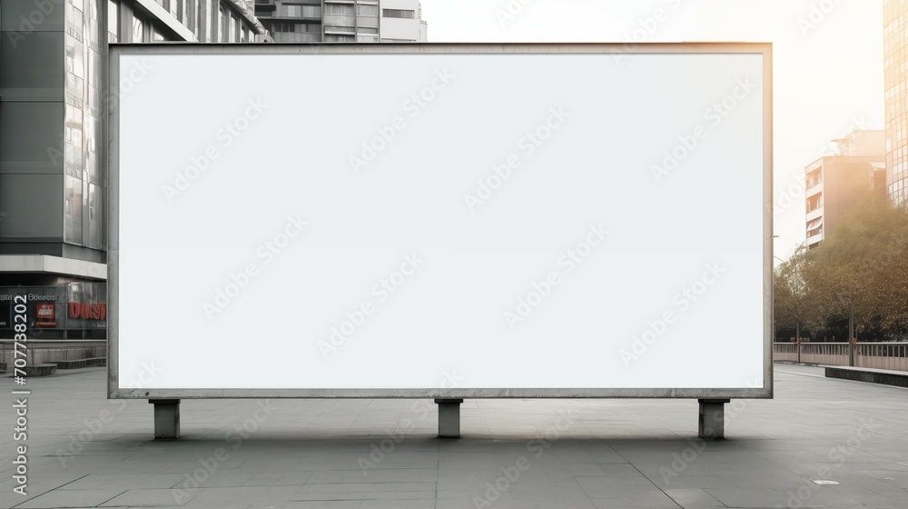 Obraz premium A blank white billboard on a city street with a commercial building in background. 