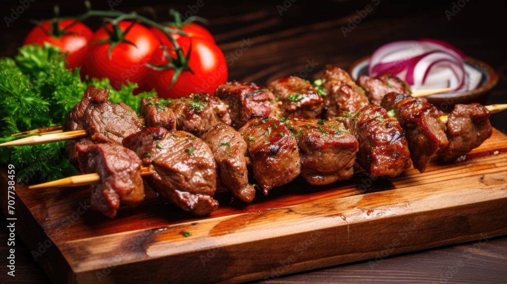 Grilled meat skewers on wooden plate, barbecue lunch cooked perfectly