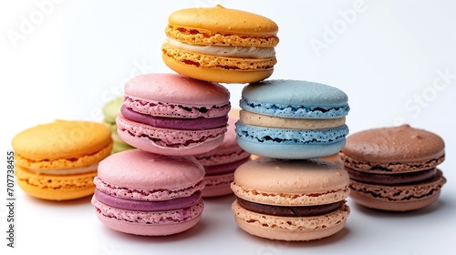 A stack of colorful macarons setting on a completely white background. Generative AI.