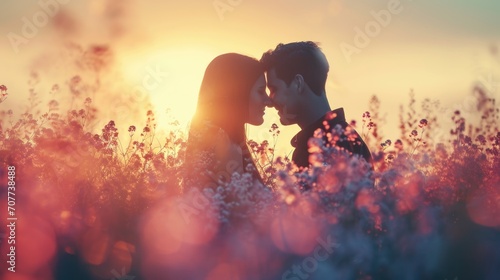 Valentine sweet couple at flower field in the morning sunrise.