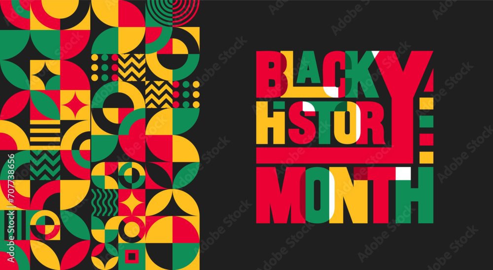 Black history month colorful lettering typography with Neo geometric seamless pattern background. Juneteenth Independence Day. Kwanzaa. Celebrated February in united state and Canada.