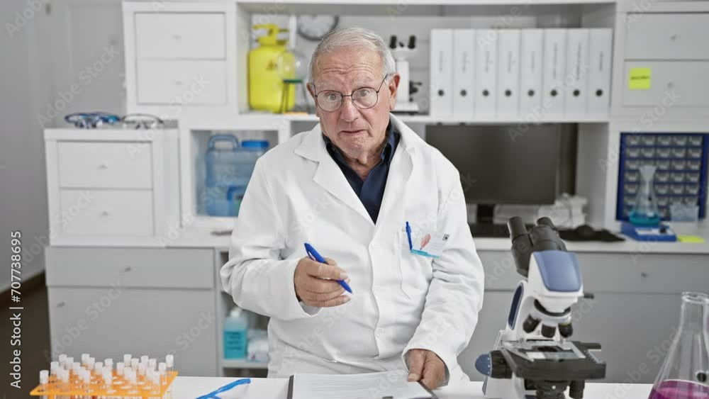 Serious grey-hair senior man, a seasoned scientist, working diligently in the lab, taking notes and speaking about his cutting-edge research. a true portrait of devotion to science and medicine. Serious grey-hair senior man, a seasoned scientist, working diligently in the lab, taking notes and speaking about his cutting-edge research. a true portrait of devotion to science and medicine.