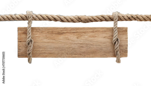 Wooden sign with ropes isolated on transparent background, png photo