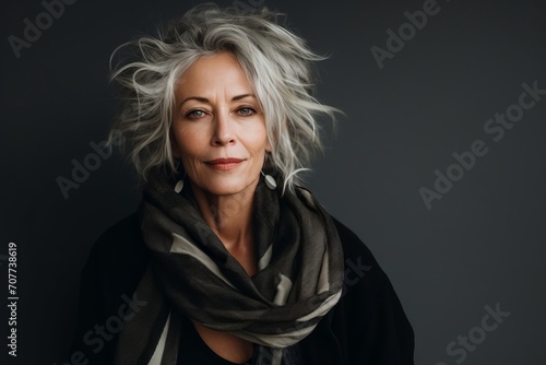 Portrait of a beautiful mature woman with gray hair and a scarf.