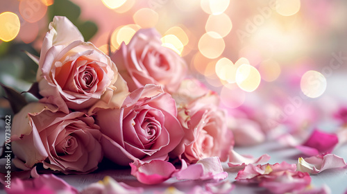 Valentine card with roses in pastel colors with bokeh and hearts. selective focus. Generative AI 