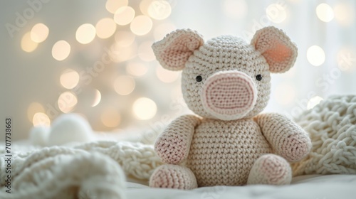 A beige knitted pig sits on a table with a blurred background