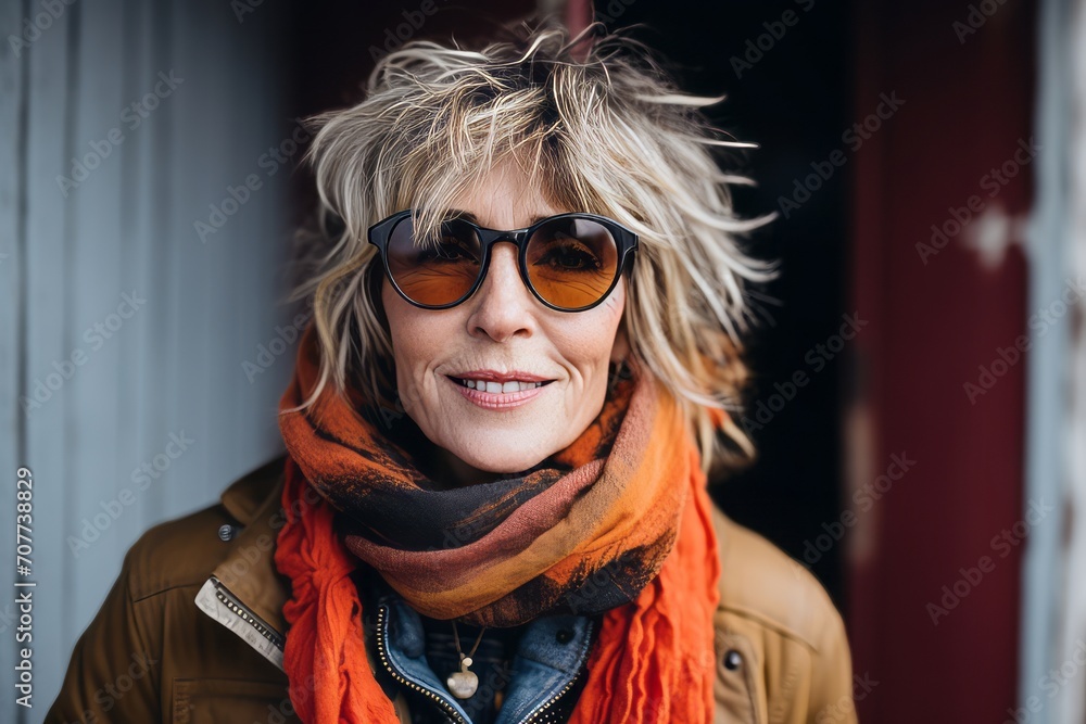 Portrait of a beautiful middle-aged woman with short blond hair wearing sunglasses and a scarf.