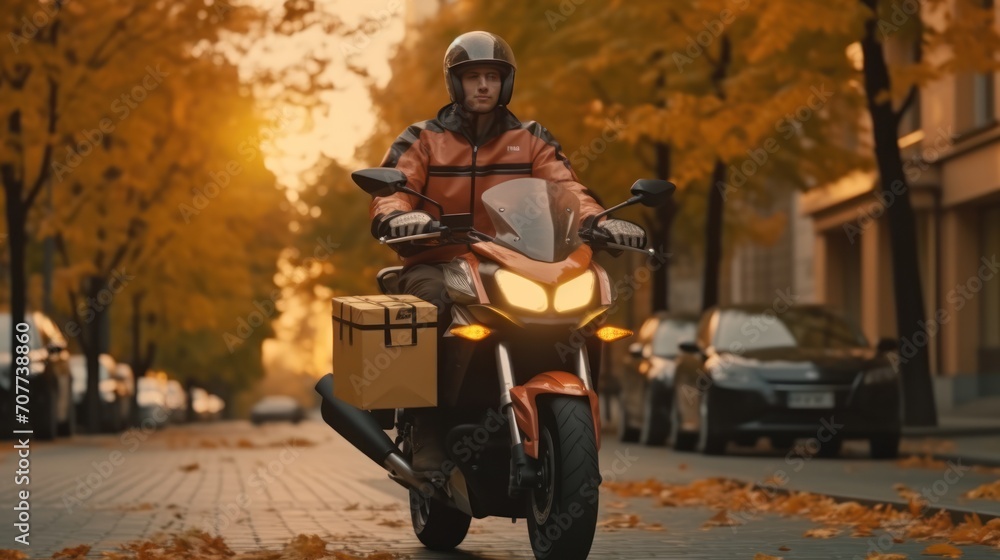 parcel delivery by motorbike in the evening. Delivery service man ride a Motercycle of Shopee Food.