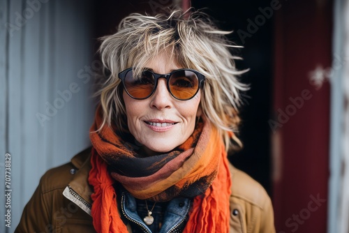 Portrait of a beautiful middle-aged woman with short blond hair wearing sunglasses and a scarf.