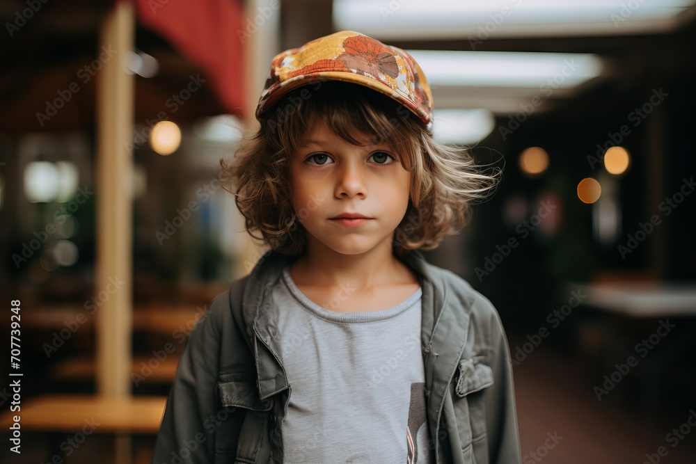 Portrait of a cute little boy in a cap on a background of a cafe. Portrait of a cute little boy in a cap on a background of a cafe.