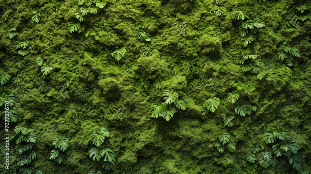 A background of green moss. Moss Green Herb. Wall of natural green moss - obrazy, fototapety, plakaty 