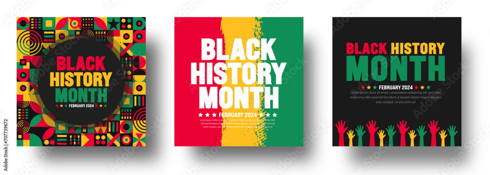 African American Black history month colorful lettering typography social media post banner design template set. Celebrated February in united state and Canada. Juneteenth Independence Day. Kwanzaa - obrazy, fototapety, plakaty 