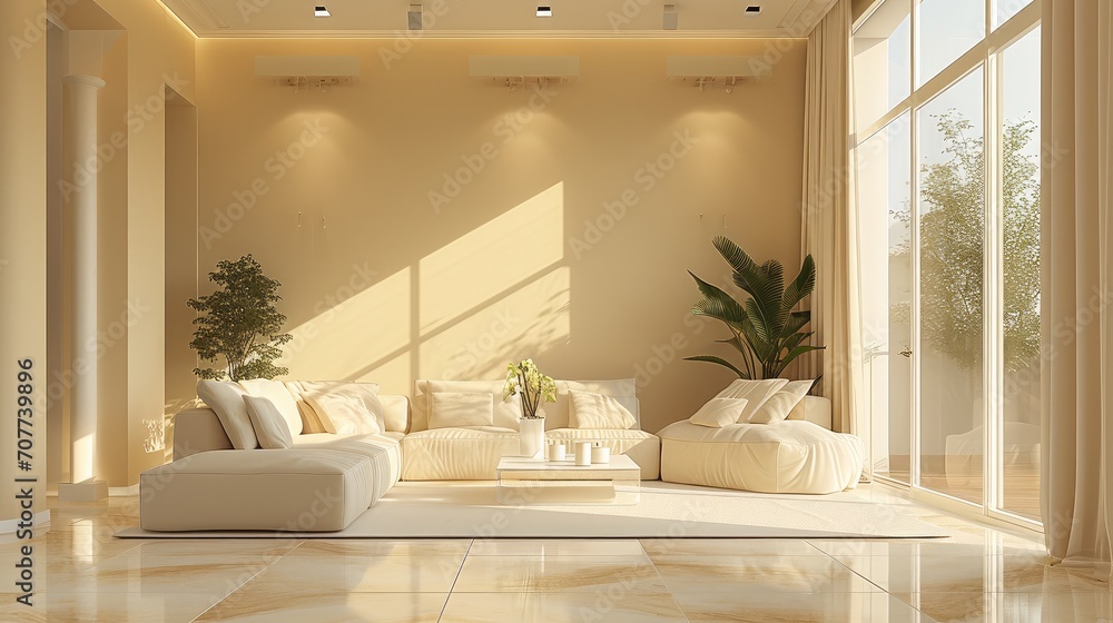 Modern interior living room, Light yellow beige. Generative AI.