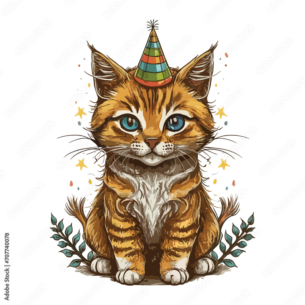 Cute cat with party hat standing engraved style hand-drawn design illustration on white background
