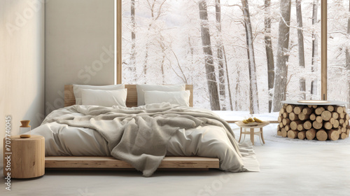 White pillows on a wooden bed in a minimal bedroom interior with plants and accessories. Scandinavian style.