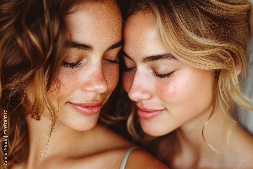 Affectionate lesbian couple face to face with eyes closed. Radiant LGBT love. Affectionate lesbian couple face to face with eyes closed. Radiant LGBT love.