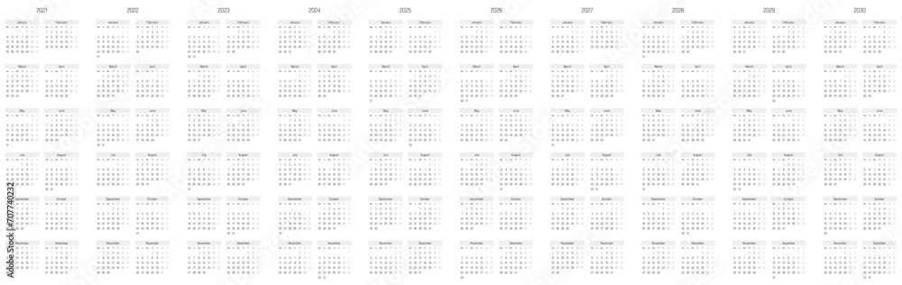 Set of monthly calendars for years 2021 - 2030. Week starts on Monday. Block of months in six rows and two columns vertical arrangement. Simple thin minimalist design. Vector illustration. - obrazy, fototapety, plakaty 