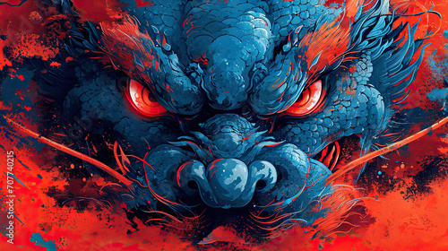 Dragon head with red eyes in a grunge style. Vector illustration.