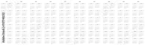 Set of monthly calendars for years 2021 - 2030. Week starts on Monday. Block of months in six rows and two columns vertical arrangement. Simple thin minimalist design. Vector illustration. photo