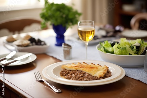 a dinner setting with moussaka taking the center place on a table