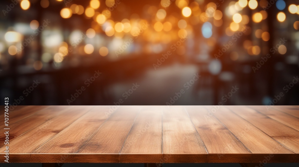 Cozy Vintage Cafe: Wooden Table Top on Blurred Counter, Perfect Background for Rustic Designs and Coffee Shop Concepts