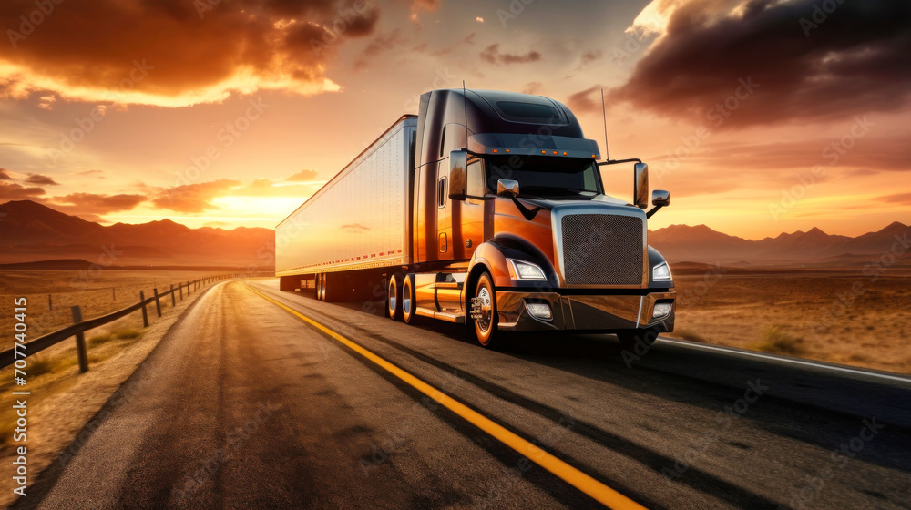 Truck on the highway at sunset. The sun drops below the horizon, casting a warm orange light on an open, powerful semi-trailer with a cargo, rushing into the distance along the highway.